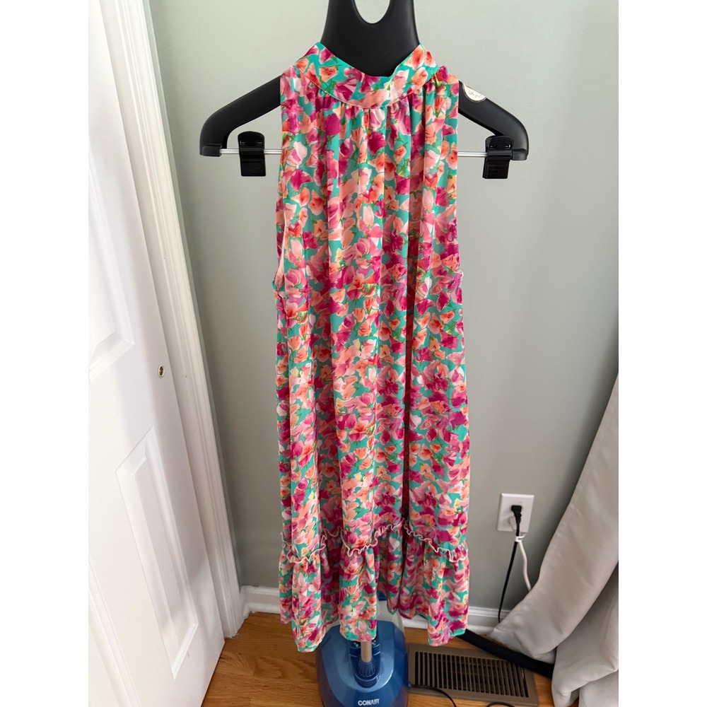 Sam Edelman Floral Halter Midi Dress Ruffle Hem Pink Green XL Spring Summer